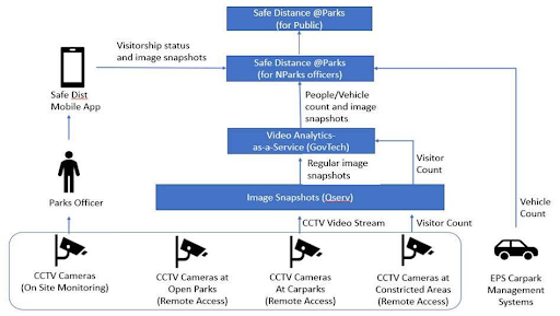 Infographic of how the Safe Distance @ Park app works and collects data for live updates